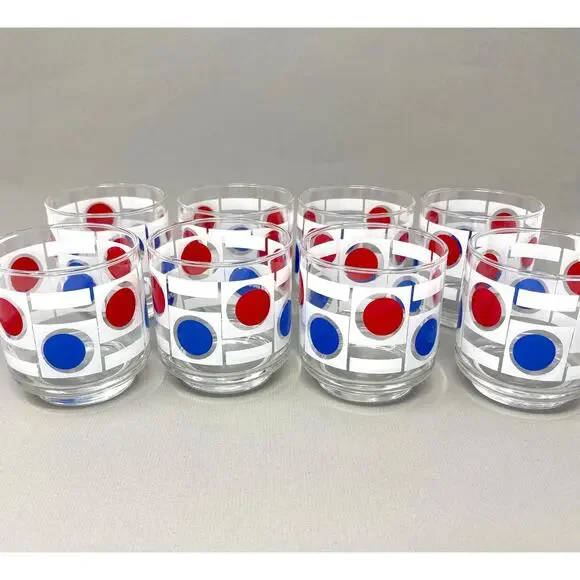 Set of 8 Vintage MCM Libbey Patriotic Red White Blue Dot Pattern Low Ball READ