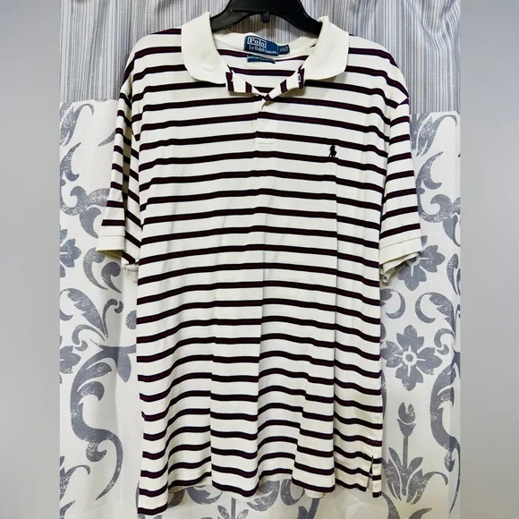 EUC Polo Ralph Lauren Men's Polo Shirt - White, Red and Black Stripes‎ Size XL