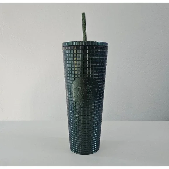 Starbucks Cold Cup Tumbler 24 Oz Dark Green Metallic Grid Holiday 2021