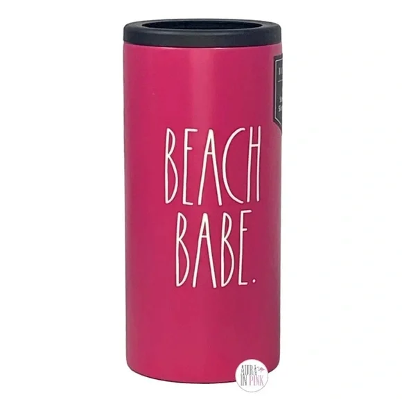 Rae Dunn Insulated Stainless Steel Slim Can Cooler Magenta with White Beach Babe