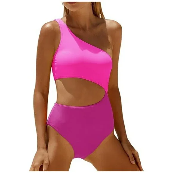 New One-Shoulder Cutout Hot Pink Swimsuit Medium
