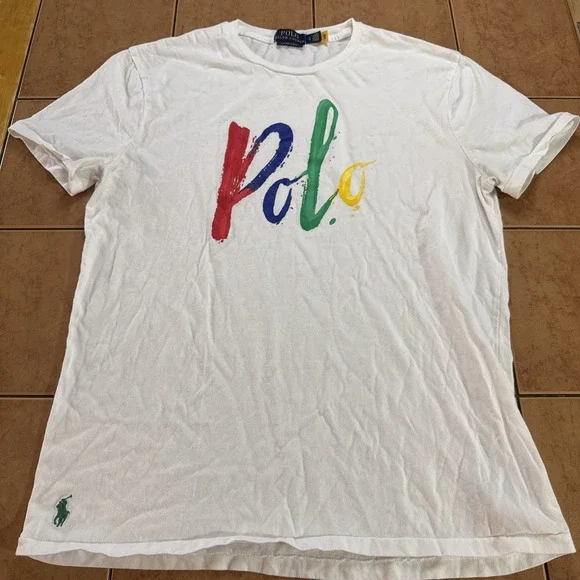 Polo Ralph Lauren White T-Shirt Men's Painted Script Sz Large Custom Slim Fit