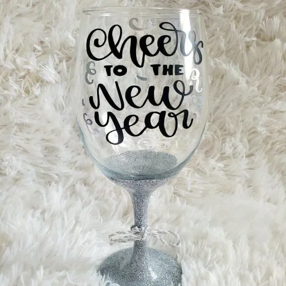 Cheers To The New Year, New Year's Silver Glittered Stemmed Wine Glass