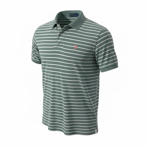 Vintage Polo Ralph Lauren Knit Polo‎ Shirt Green White Striped Men's Size L