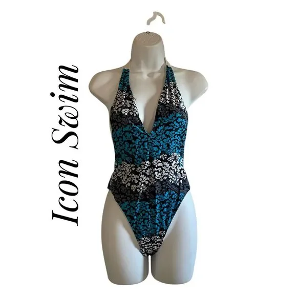 Icon Swim Medium One Piece Bikini Plunge Neck Halter Open Back Blue