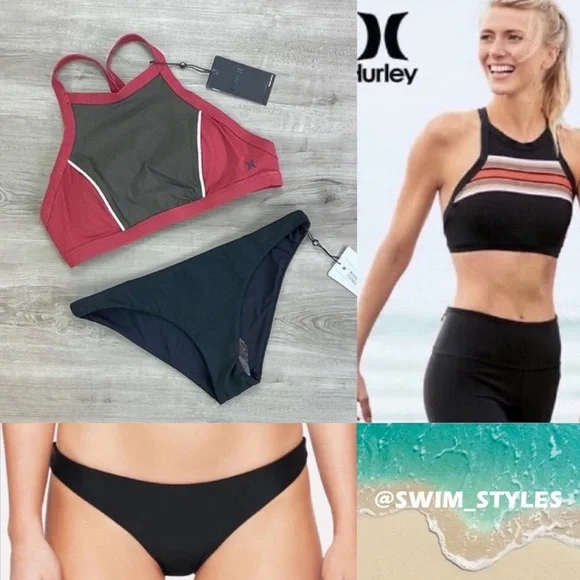 ☀️HURLEY☀️ QD MRITM HIGH NECK RIB MOD SURF BOTTOM BIKINI SET