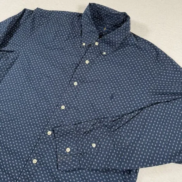 Polo Ralph‎ Lauren Shirt Mens Large Navy Geometric Long Sleeve Pony Pocket Shirt