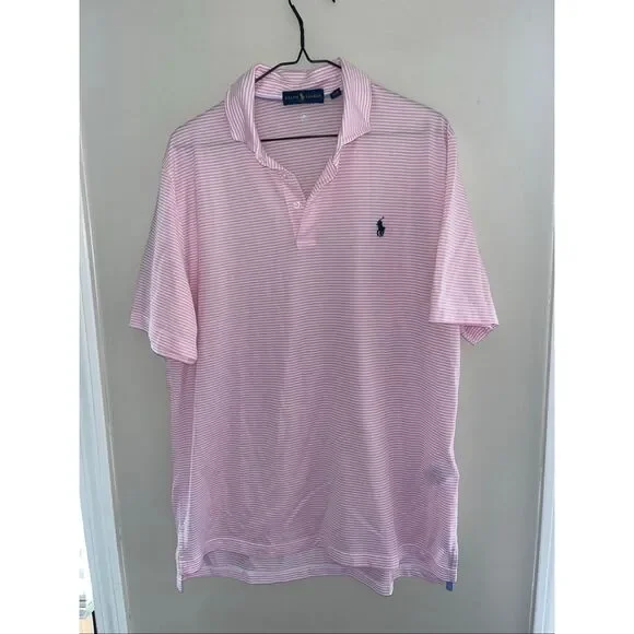 Ralph Lauren Men’s Wicking Polo Pink White Stripe Large