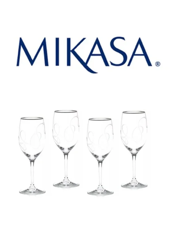 new w/ tags Boxed Set of 4 Mikasa Love Story Platinum 11.75 oz Wine Glasses