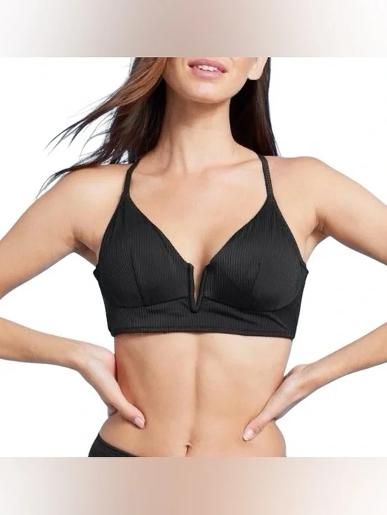 Shade & Shore Black Ribbed Longline Bikini Top V Wire Crisscross Back 34D