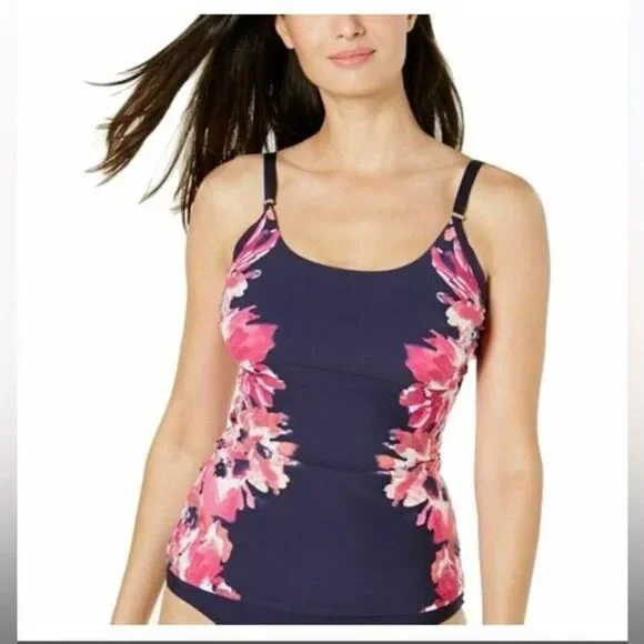 Tankini Swimsuit Top Calvin Klein Women's Blue Floral Stretch Scoop Neck XS NEW