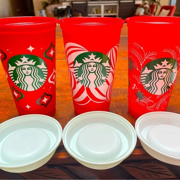 Starbucks Holiday/Christmas Red Plastic 16oz Travel Tumblers w/ Lid x3