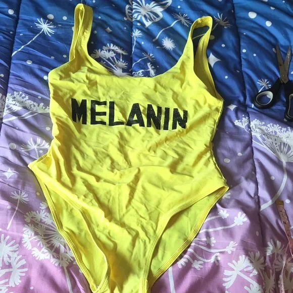 Neon Yellow Black MELANIN Logo One Piece Swimsuit Wide Straps Women's M