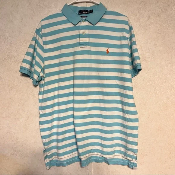 Ralph Lauren Men's‎ Aqua and White Striped Polo Shirt