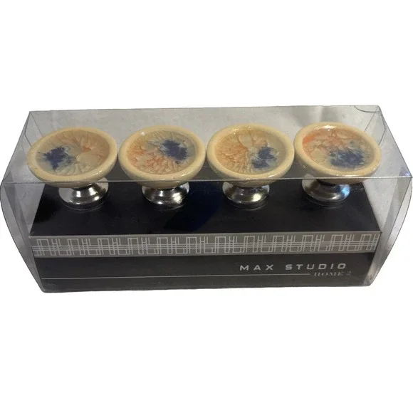 Set/4 Max Studio Home Drawer Pull Handles / Knobs Ceramic Crackle Glass Furnitur