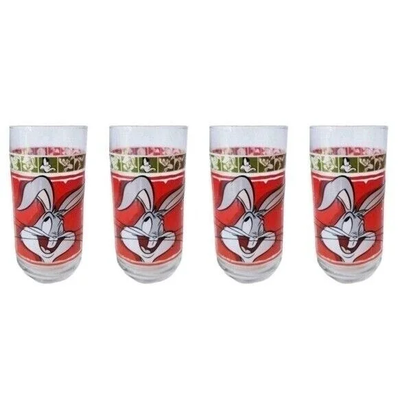 Vintage‎ 1999 Warner Bros Bugs Bunny Drinking Glasses Set of 4 Looney Tunes Red