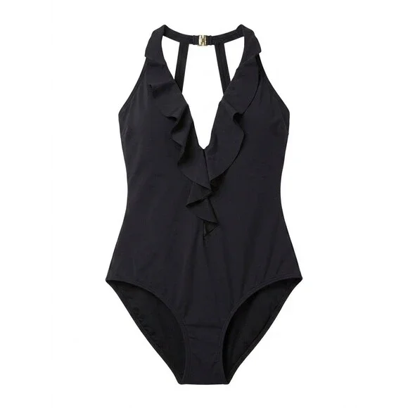 Togs Swimwear Sz 8 Black Tummy Control Ruffle V-Neck One Piece Bathing Suit EUC