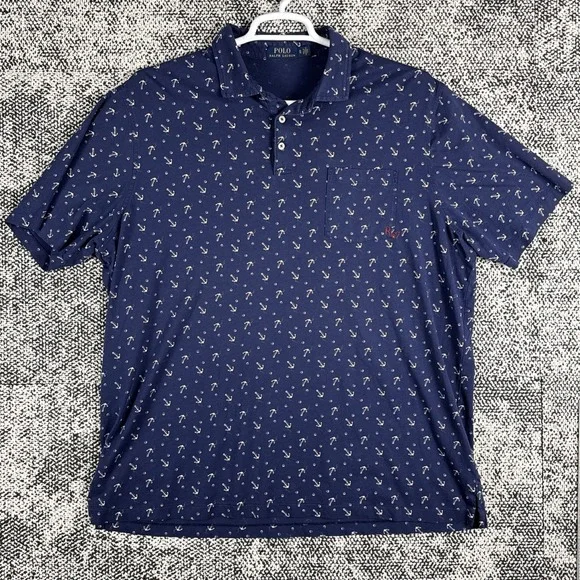 Polo Ralph Lauren Short Sleeve Polo Shirt Mens XL Anchor‎ Print r67 Blue