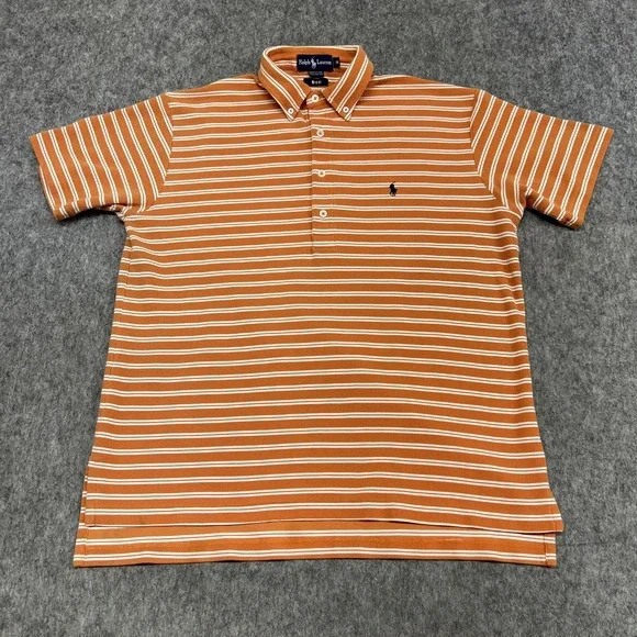 Ralph Lauren Polo Shirt Mens M Orange‎ White Stripe Button Down Collar Pony Big