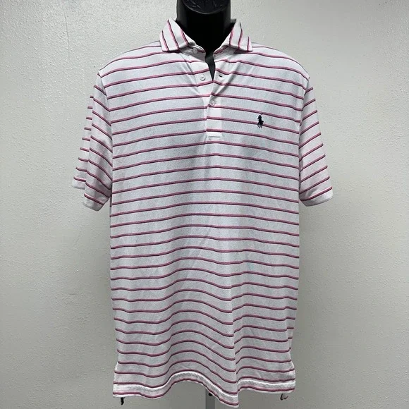 Ralph‎ Lauren Golf Polo Shirt Striped Wicking White/Pink Casual Short Sleeve M