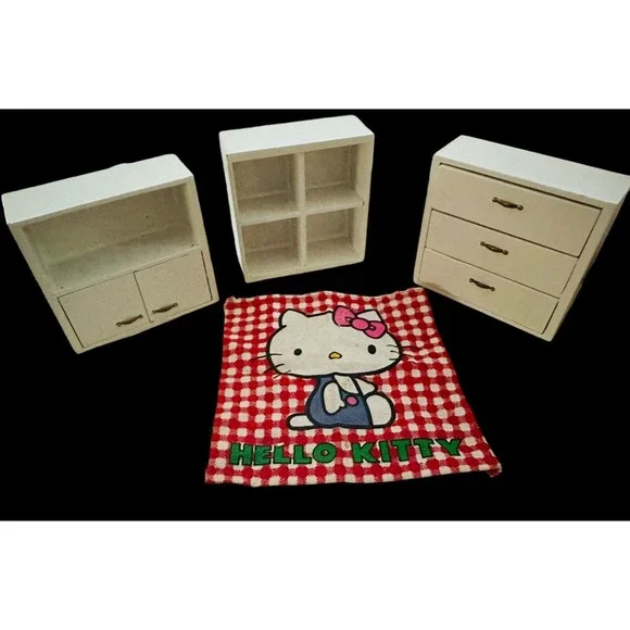 Dollhouse Set Miniature Wood White Drawer Chest Hutch 2 Hello Kitty Rug 1:12~ 1