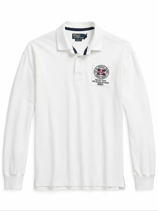 Ralph Lauren Men Vintage Naval Patch Polo Shirt White Long Sleeve Custom Fit L
