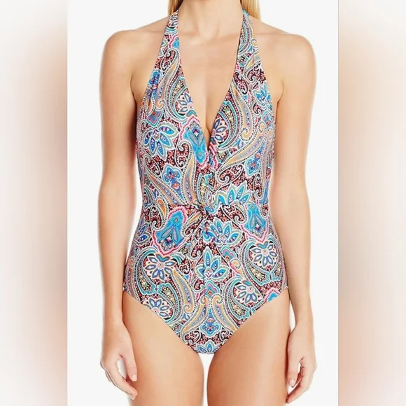 Jantzen Multicolor Paisley Halter One-Piece Swimsuit - Blue, Pink, Cream