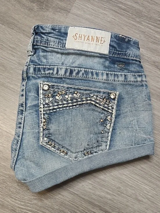 Light Wash Denim Short Shorts with Embellished Pockets