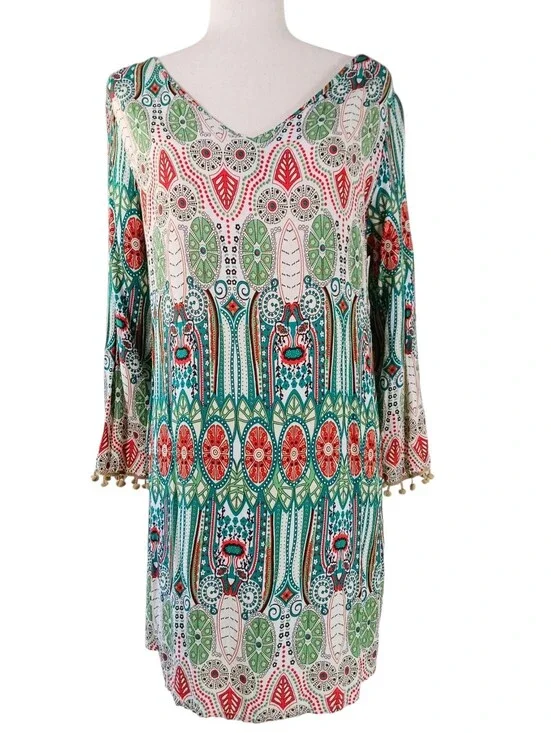Beach Swim Cover Up V Neck Dress Boho Print Pom Pom Trim Teal Orange Size XS S