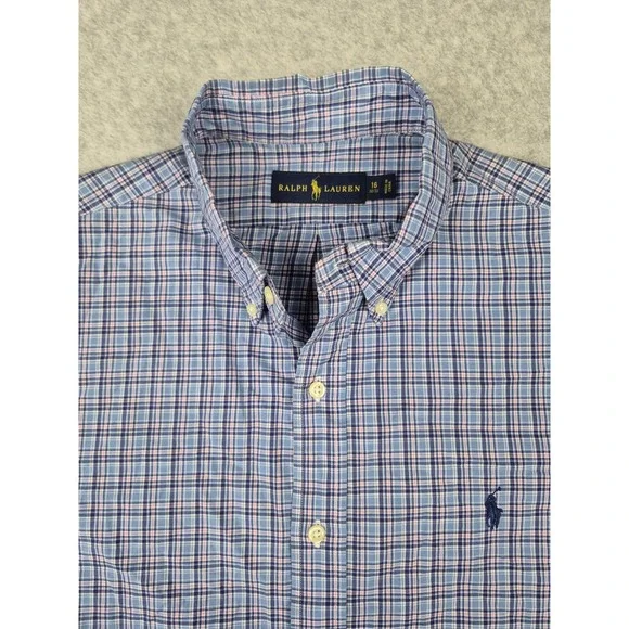 Ralph Lauren Men's Plaid Long Sleeve Shirt Size 16-32/33 Medium Blue Pink
