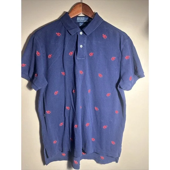Vintage Ralph Lauren Polo Shirt Mens Large Navy Blue Red Lobsters Embroidered