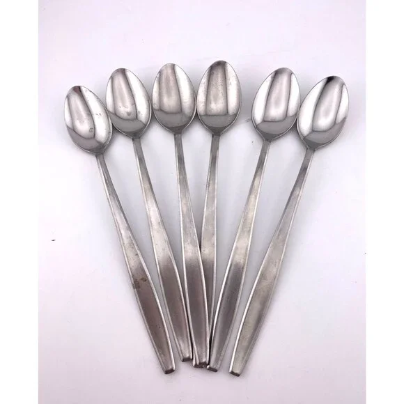 Vtg BUFFALO JAPAN Stainless 6pc Long Dessert Drink Spoons Flatware Silverware