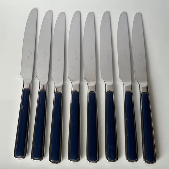 Set of 8 Seed Inox France Stainless Steel Dinner Knives Blue Handle
