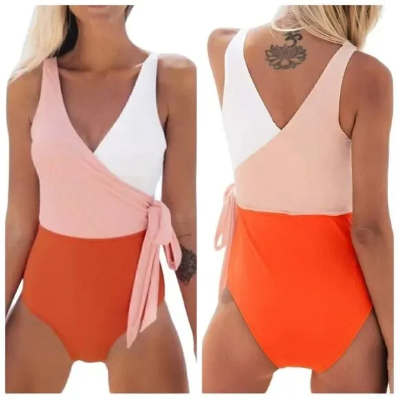 CUPSHE Orange Color Block One Piece Swimsuit Plunging Knotted Monokini Size M