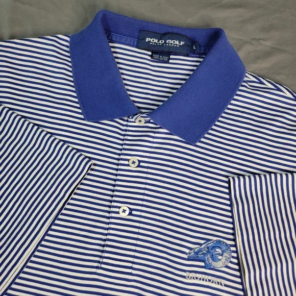 Big Horn Golf Shirt Men's Large Polo Golf Ralph Lauren Blue Short Sleeve Striped