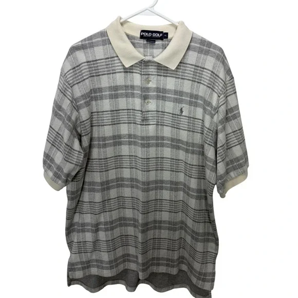 Polo Golf Ralph Lauren Mens Grey White Plaid Short Sleeve Shirt Collared XL