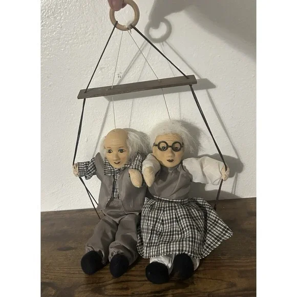 RARE Handmade Dolls Couple Holding Hands In Hanging Swing Vintage‎