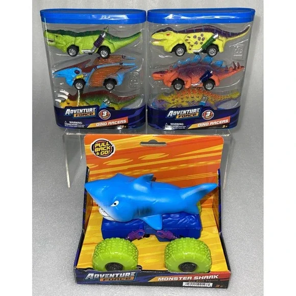 Adventure Force Pull Back Monster Shark Truck‎ & 6 Pack Dino Racers Vehicles NEW