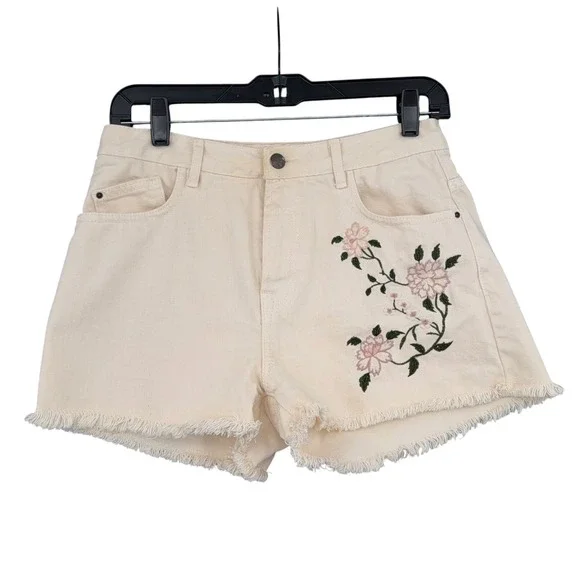 Embroidered Cream Floral Denim Shorts