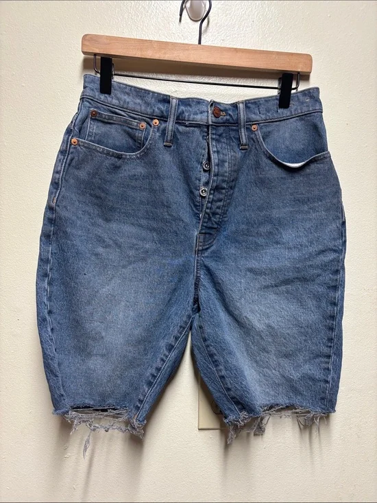 Madewell High-Rise Long Denim Shorts 28 frayed hem button fly