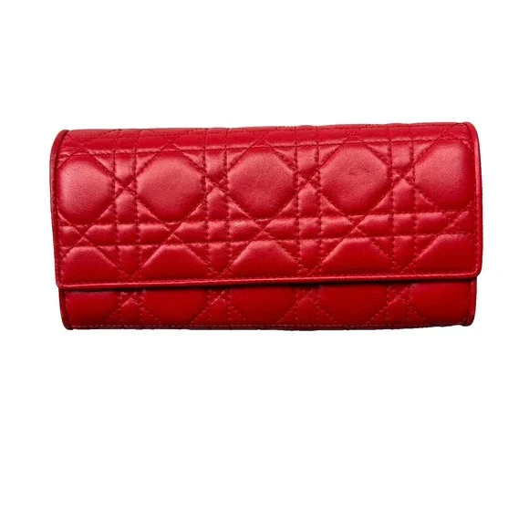 Christian Dior Lady Dior Women Wallet‎ Red Cannage Leather Without Strap Quilted