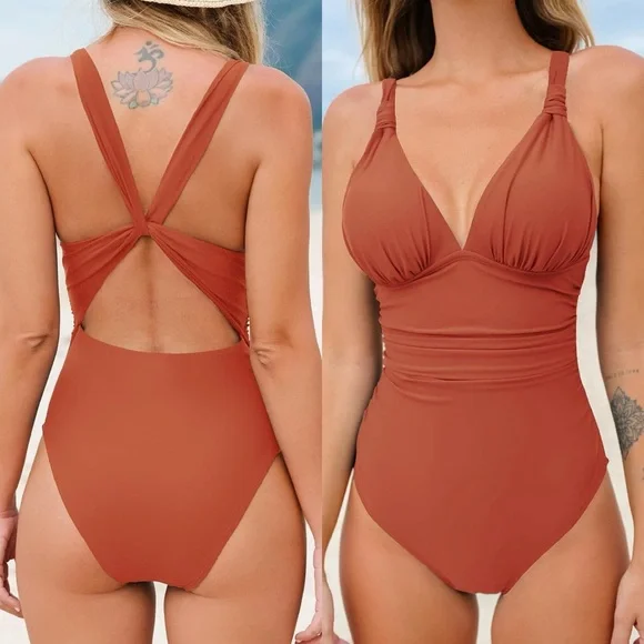 One Piece Swimsuit Deep V Neck Tummy Control Ruched V Back Classic‎ Bathi…