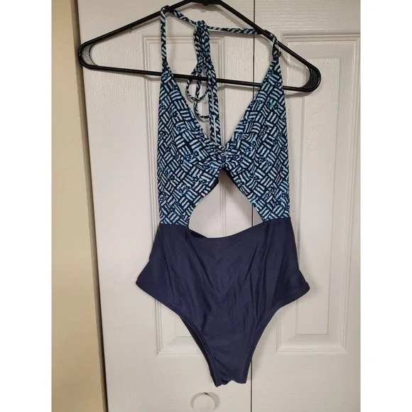 Aerie Womens Blue Grecian Cutout Tropical Breezy Halter 1 Piece Swimsuit Size S