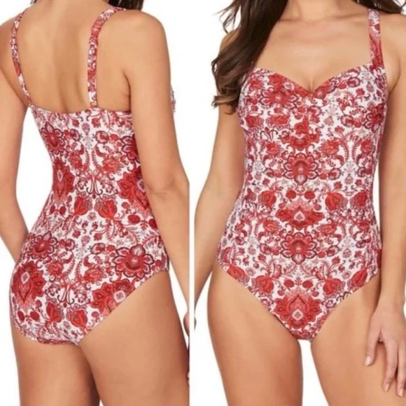 Nip Tuck One Piece Swimsuit Tummy Control Bathing suit Paisley V-Neck Wrap 8