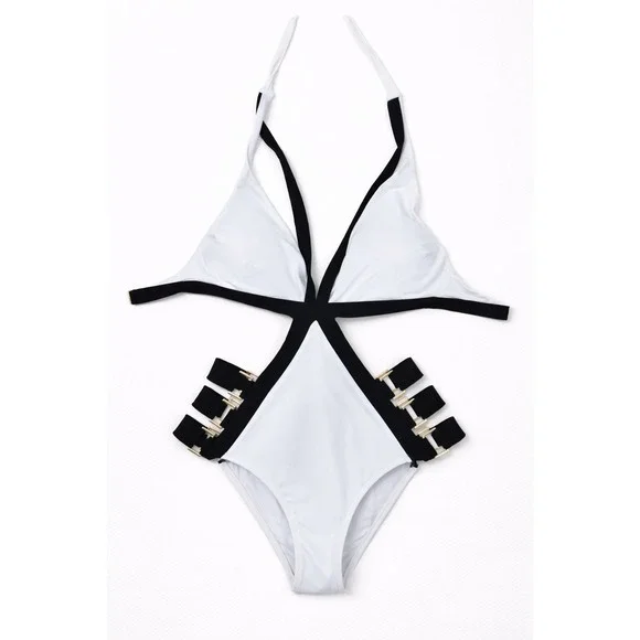 MOEVA LONDON‎ White Black Halter One Piece Swimsuit Buckle Cutout Size S