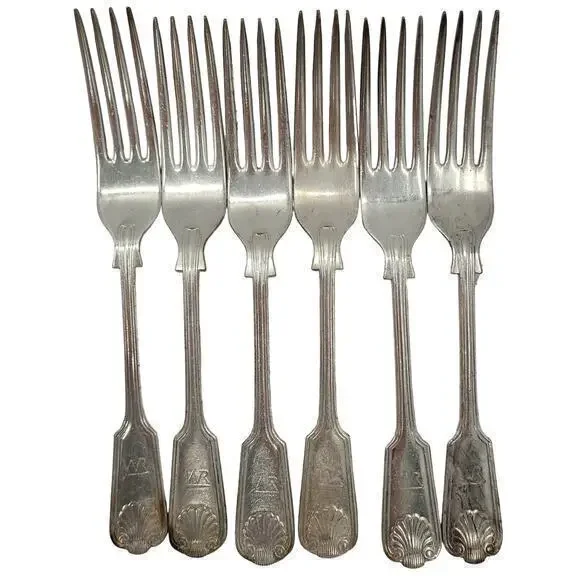 Sheffield England Antique Silver Plate Fiddle Thread and Shell 6 Dinner Fork 2-2