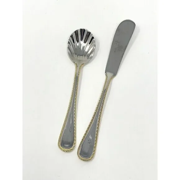 Oneida GOLDEN BELMONT Stainless Rope Edge Gold Butter Spreader Sugar Shell Spoon