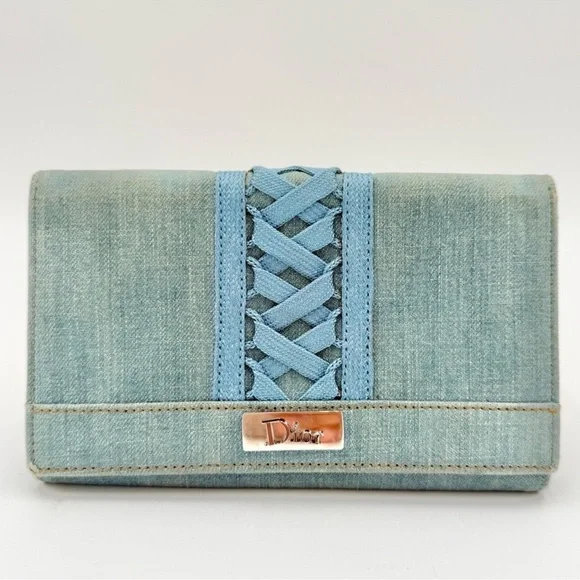 Rare Vintage 2002 Dior Denim Lace Up Long Wallet EUC Retail $3000
