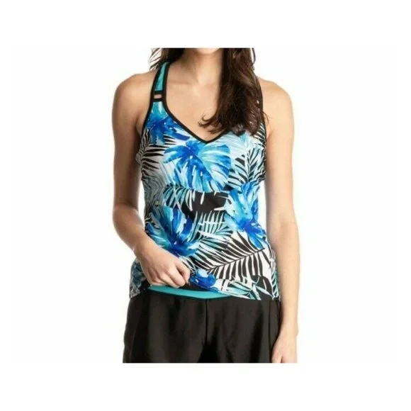 ZeroXposur Racerback Action Tankini Swimsuit Top Blue Palm UPF 50+ Sz Small NEW