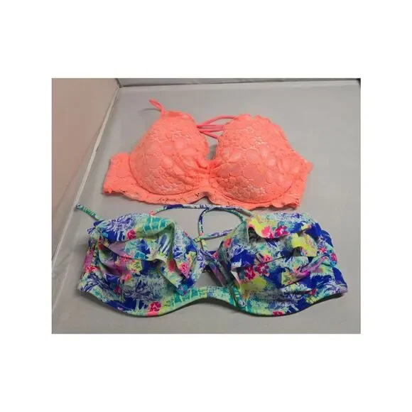 Floral & Coral Lace Bikini Top & Ruffles Halter top set of 2 Ties beach nautical